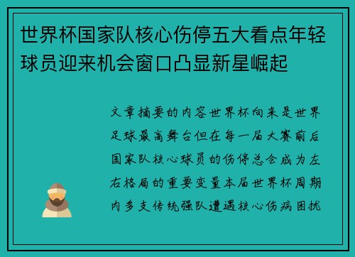 世界杯国家队核心伤停五大看点年轻球员迎来机会窗口凸显新星崛起 世界杯国家队核心伤停五大看点年轻球员迎来机会窗口凸显新星崛起
