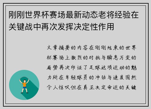 刚刚世界杯赛场最新动态老将经验在关键战中再次发挥决定性作用
