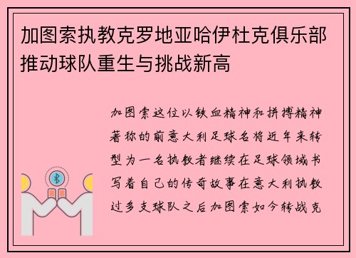 加图索执教克罗地亚哈伊杜克俱乐部推动球队重生与挑战新高
