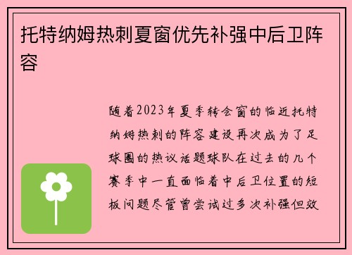 托特纳姆热刺夏窗优先补强中后卫阵容